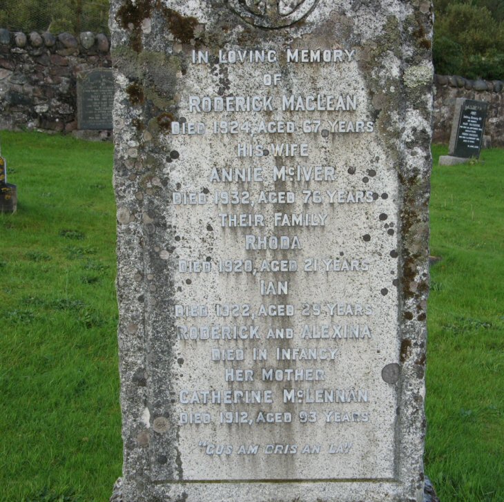 Photo of headstones/Catherine McLennan died 1912 MI Laide Old1